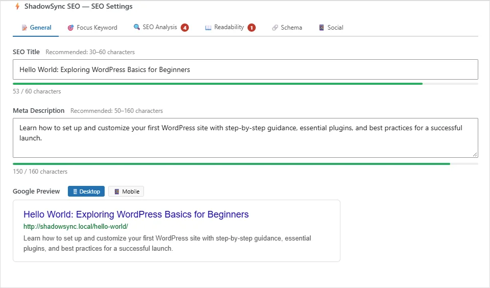 The SEO box in the WordPress editor, General tab: SEO title and meta description fields with green character bars and a Google search preview.