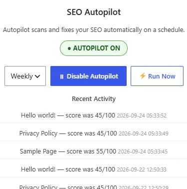 The SEO Autopilot card: Autopilot on, a frequency setting, and a list of recent activity.