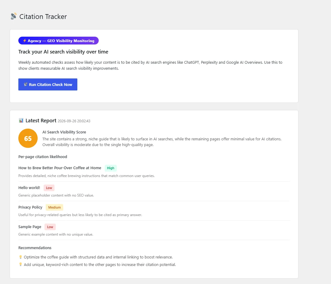The Citation Tracker report: an AI search visibility score of 65 and a High, Medium or Low likelihood for each page.