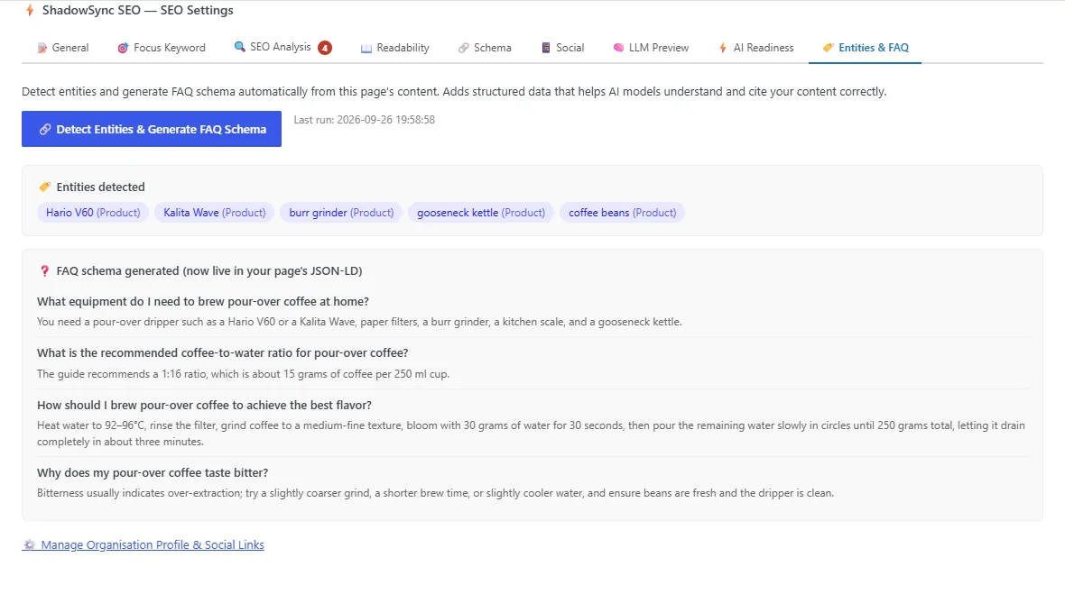 The Entities & FAQ tab: detected entities as tags and four generated questions with answers.