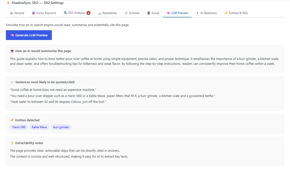 The LLM Preview tab: an AI summary of a coffee guide, three quotable sentences, detected entities and notes.