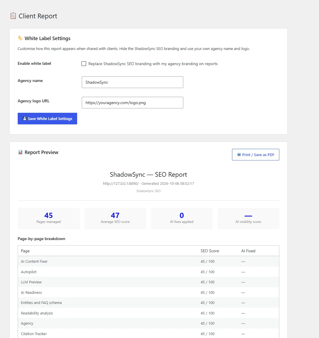 The Client Report screen: white label settings and a report preview with four headline numbers and a page-by-page table.