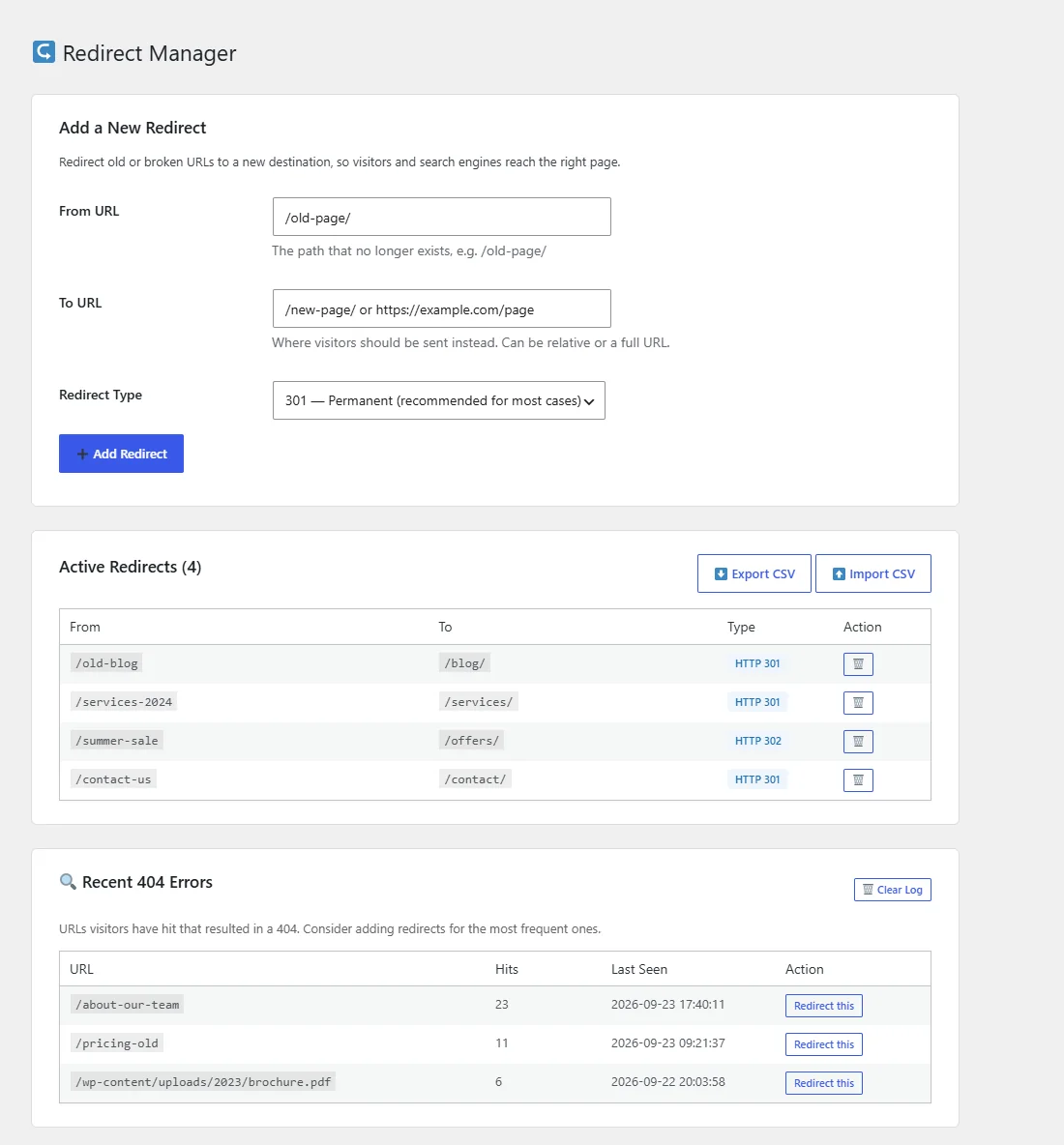 The Redirect Manager with a list of redirects and a log of recent 404 errors with hit counts.