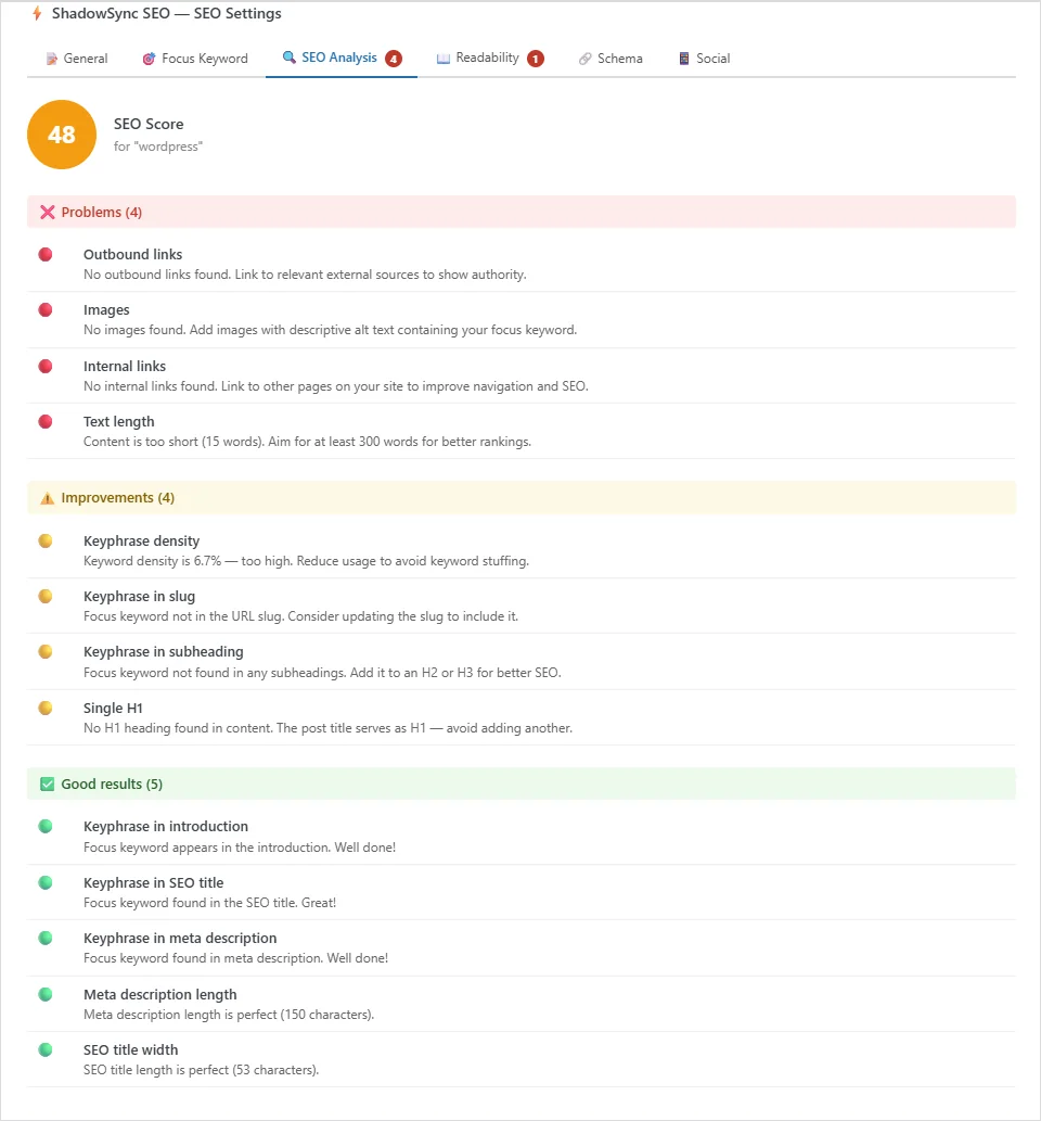 The SEO Analysis tab listing problems, improvements and passed checks for a focus keyword.