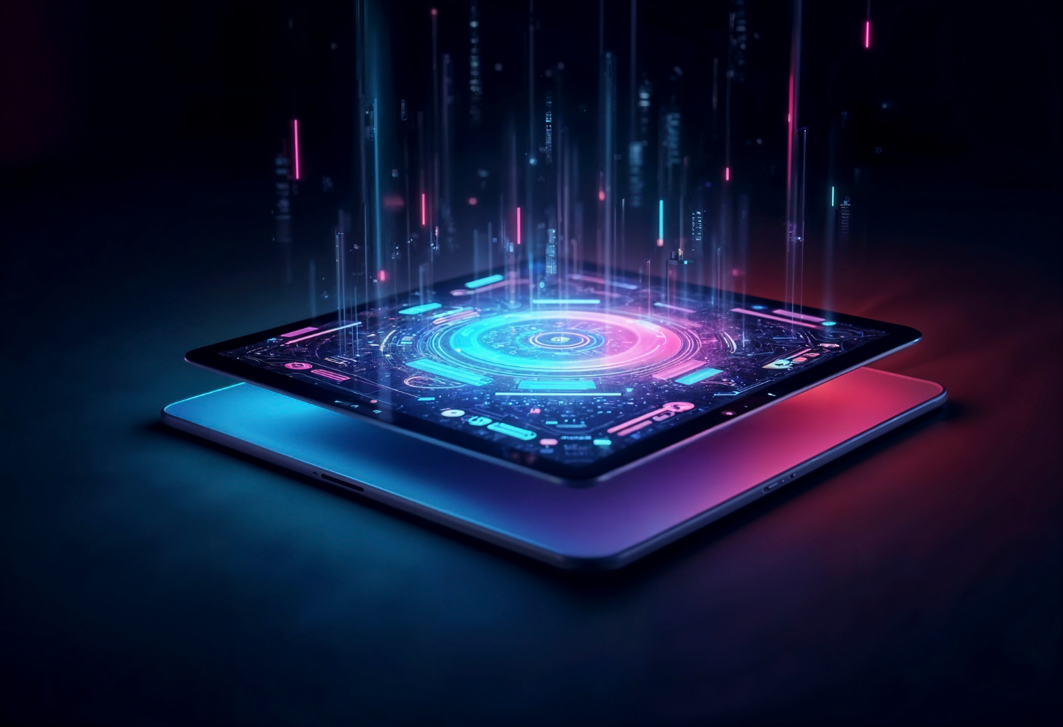 A tablet rendering a layered interface, data rising from the screen.